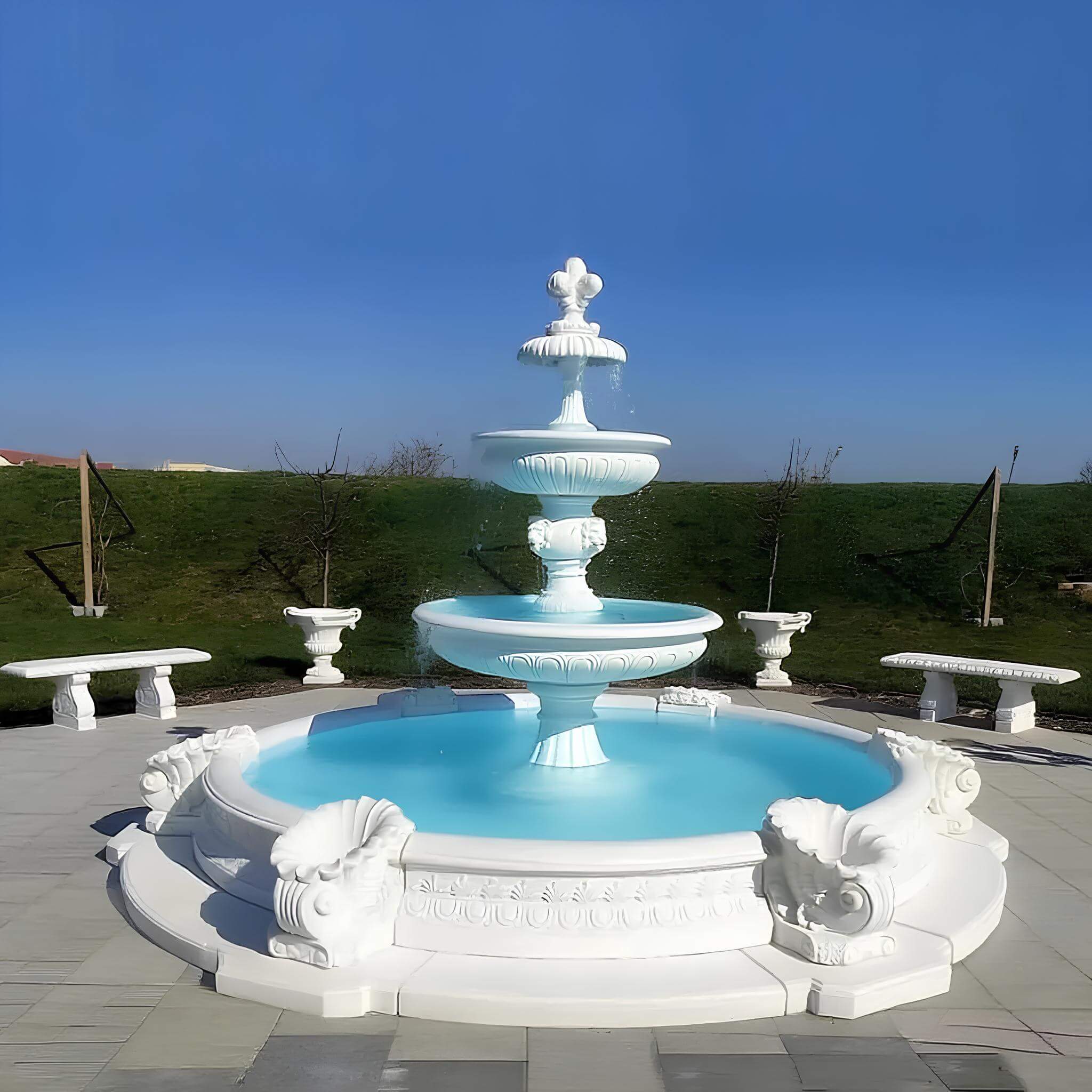Duży Zestaw Fontanna Duża + Oczko Marino + 4 x Ławka + 8 x Donica + Akcesoria